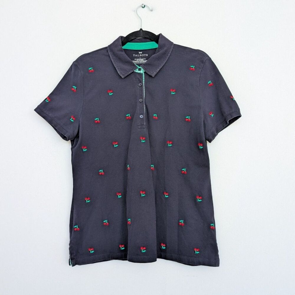 Talbots Cherry Allover Embroidered Short Sleeve Collared Polo Shirt Sz L